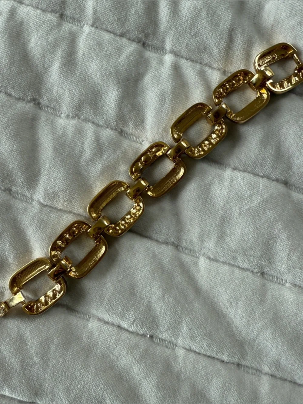 Gold wide chain link bracelet with multi coloured gemstones Swarovski elements
